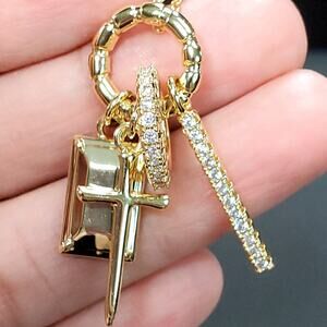 Gold Tone Religion Cross Spiritual Necklace 10" Dangle Charm